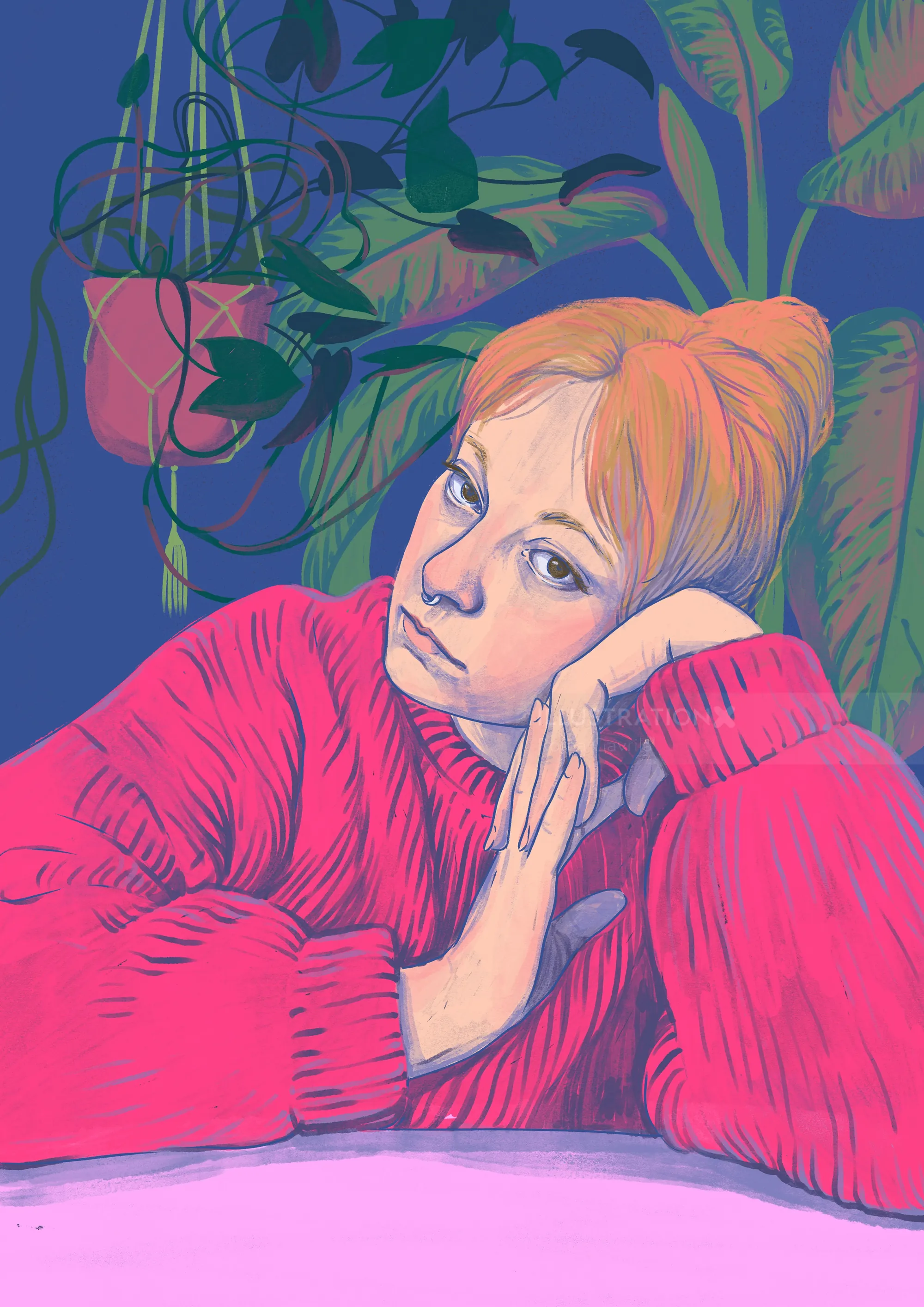 Pensive woman in red sweater resting head on hand with plants in background