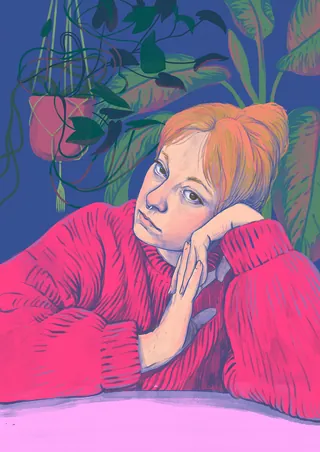 Pensive woman in red sweater resting head on hand with plants in background