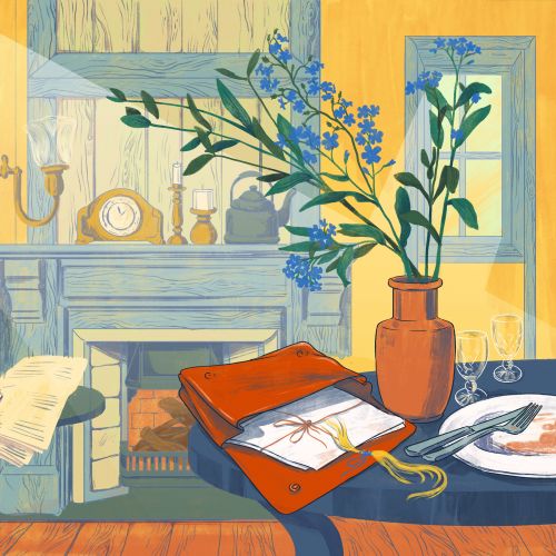 Cozy room with blue flowers in vase and open book on table