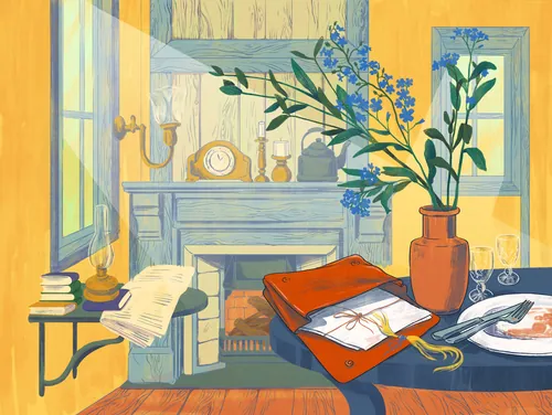Cozy room with blue flowers in vase and open book on table