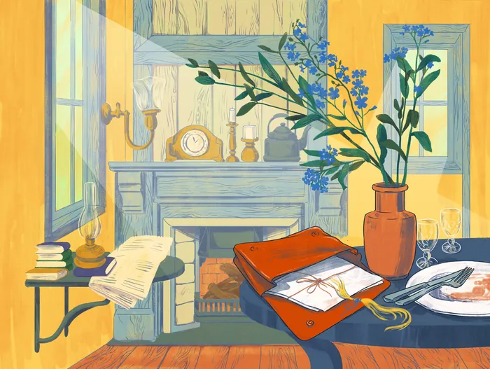 Cozy room with blue flowers in vase and open book on table