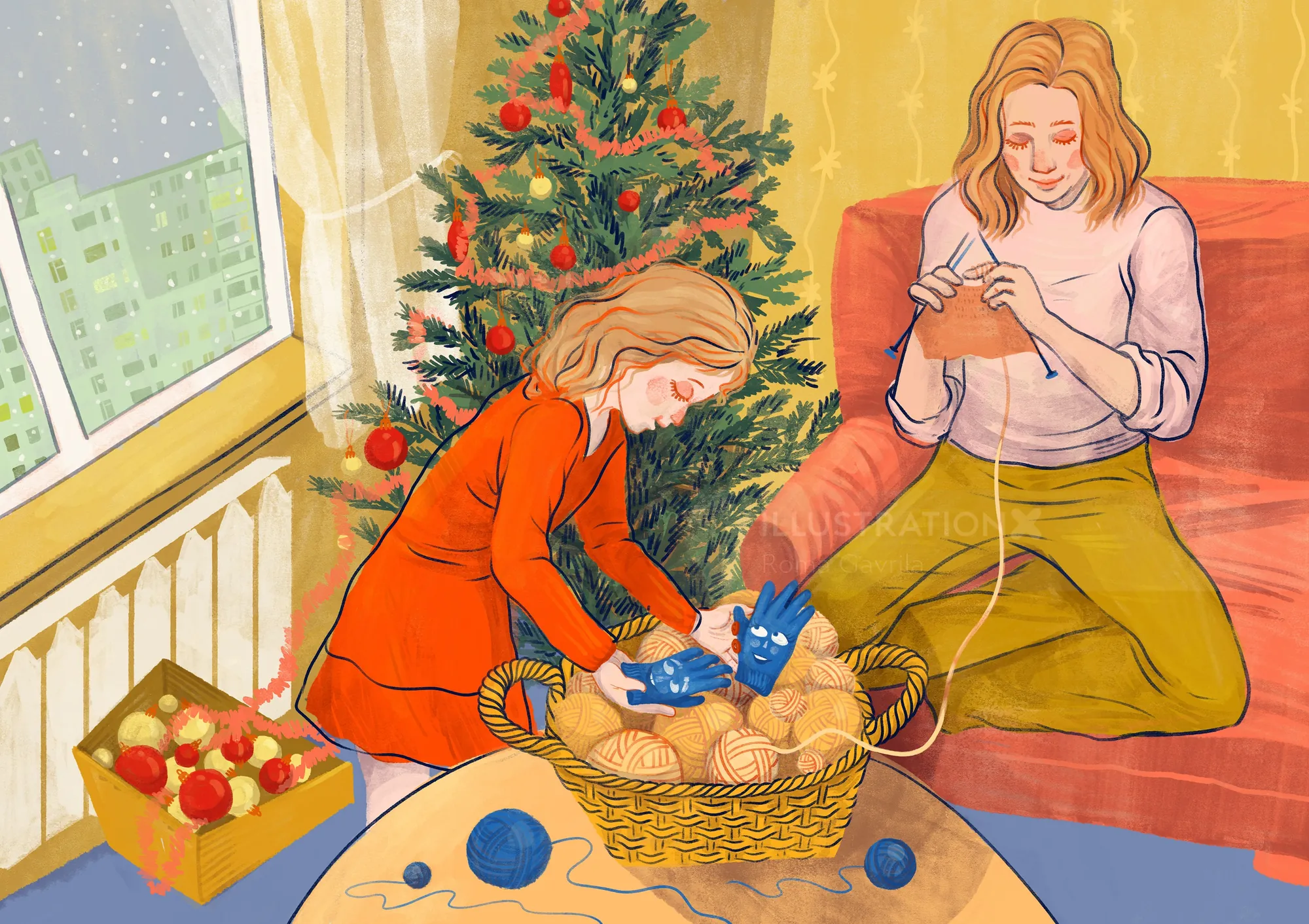 Woman and girl knitting by Christmas tree with craft supplies