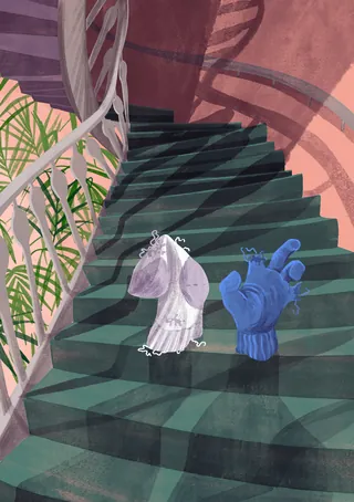 Surreal staircase with white and blue gloves on steps