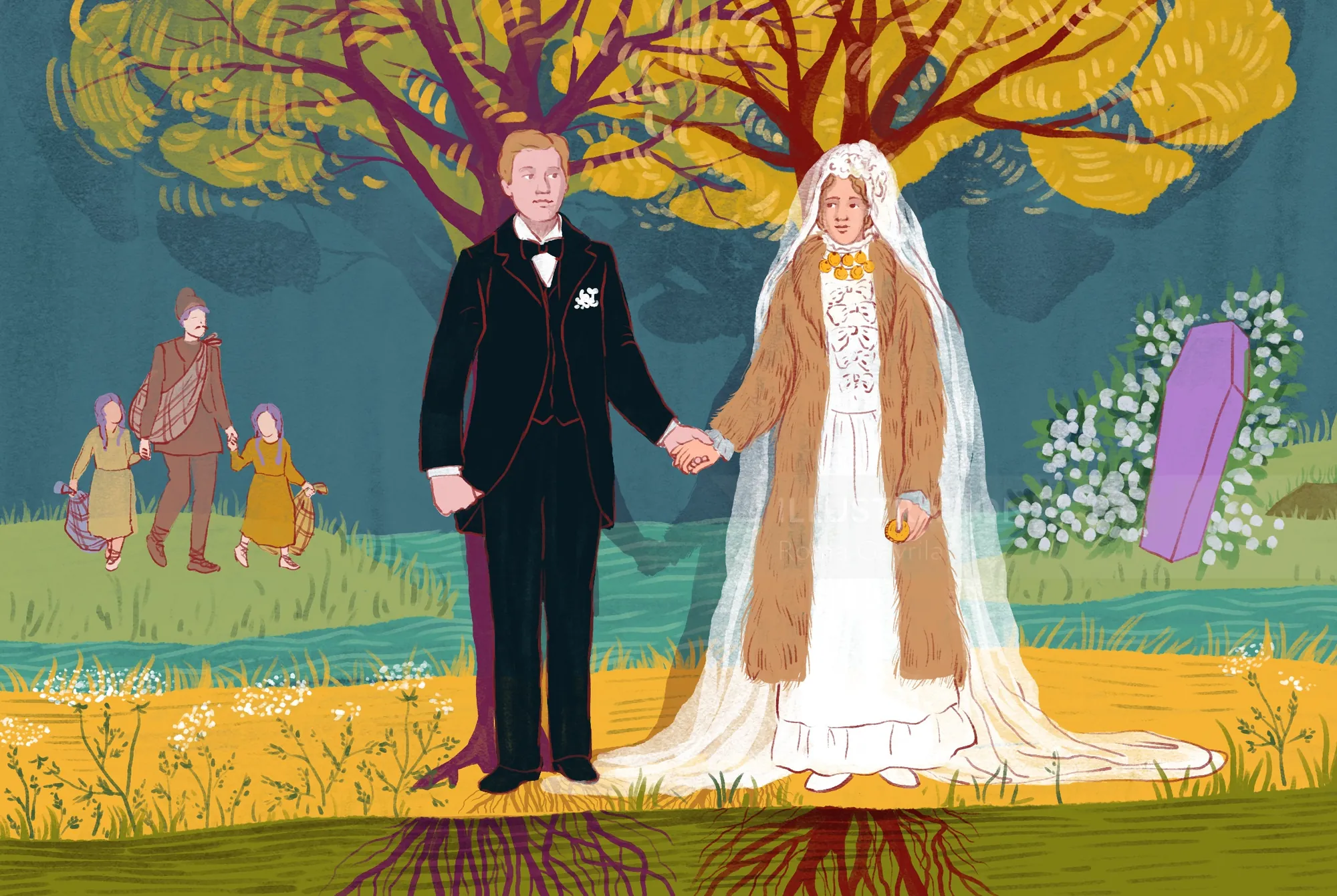 Bride and groom standing hand in hand outdoors with colorful trees.