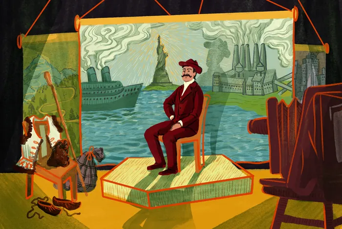 Man in red suit sits on a book with city, ship, and Statue of Liberty behind.