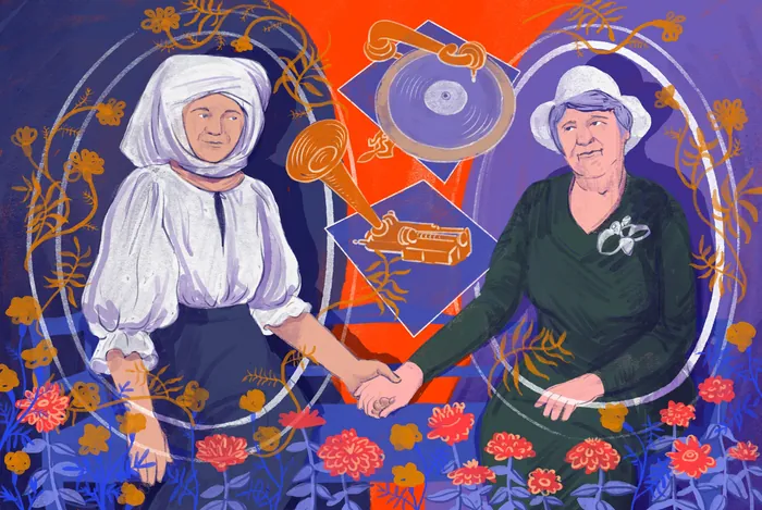 Two elderly women holding hands with flowers and vintage items around them.