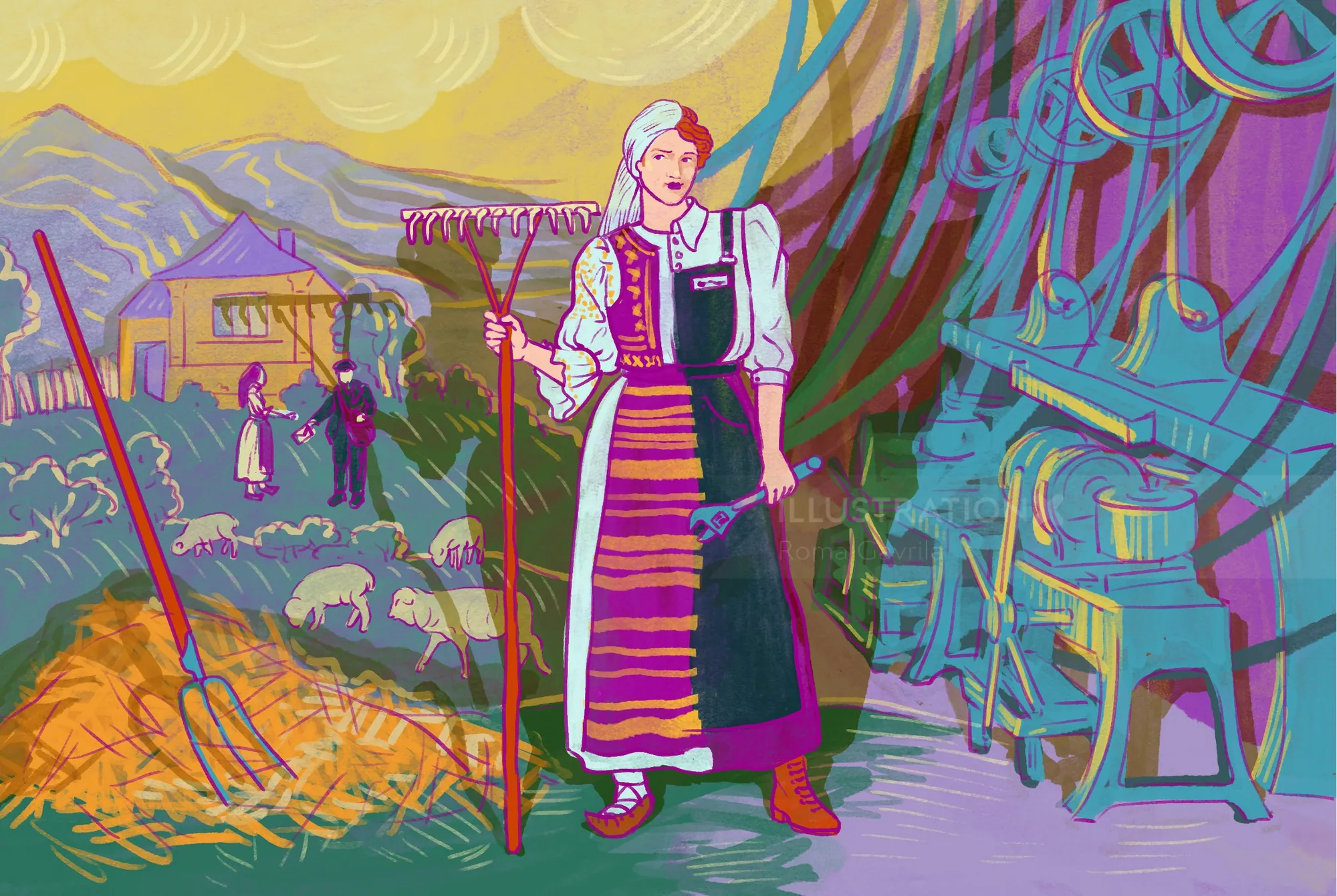 Woman in traditional clothes raking hay, sheep and mountains behind her.