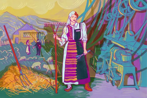 Woman in traditional clothes raking hay, sheep and mountains behind her.
