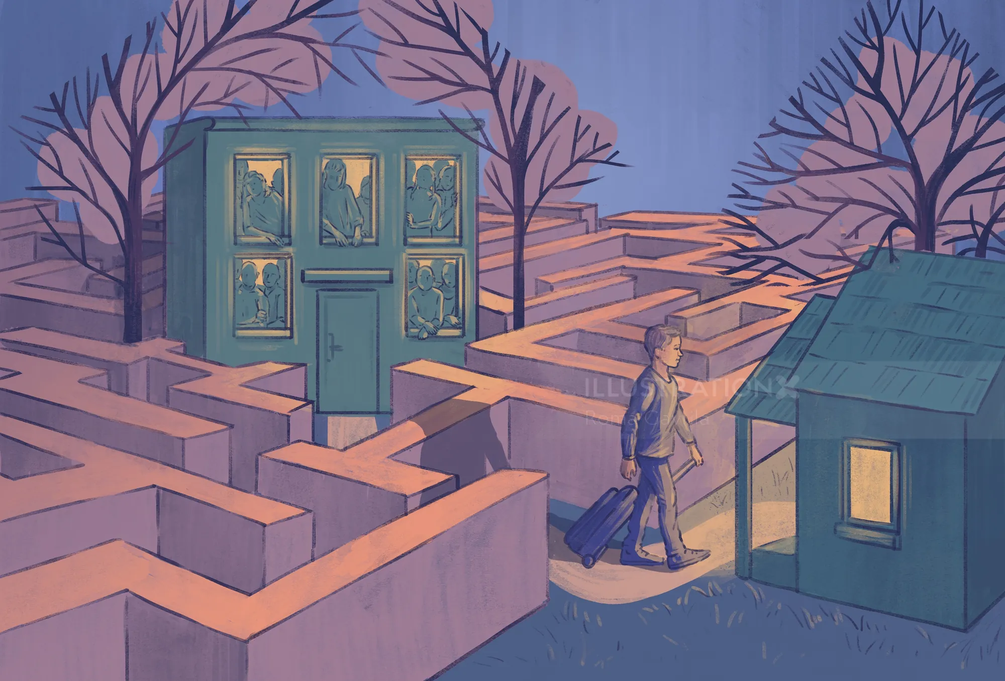 Person with suitcase navigating a maze at dusk towards a small house.