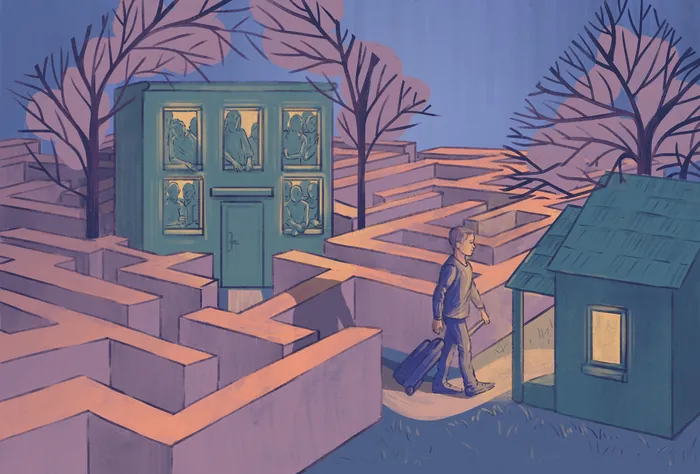 Person with suitcase navigating a maze at dusk towards a small house.