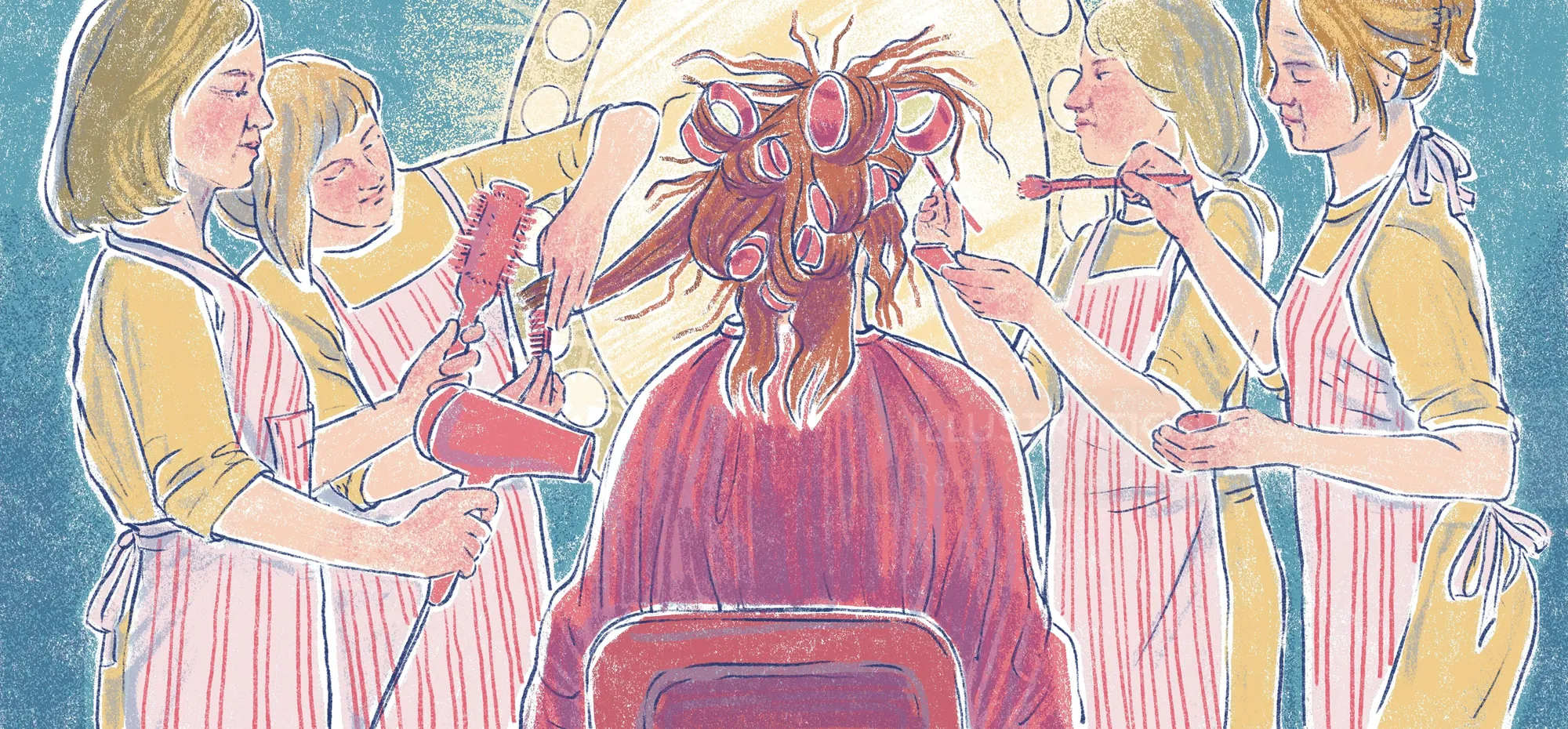 Group of women styling hair of a seated person in a salon