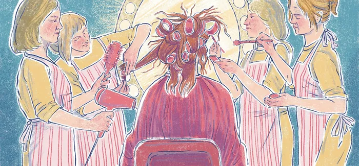 Group of women styling hair of a seated person in a salon