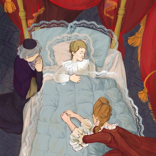 Young girl lying in bed with two women mourning nearby under red curtains