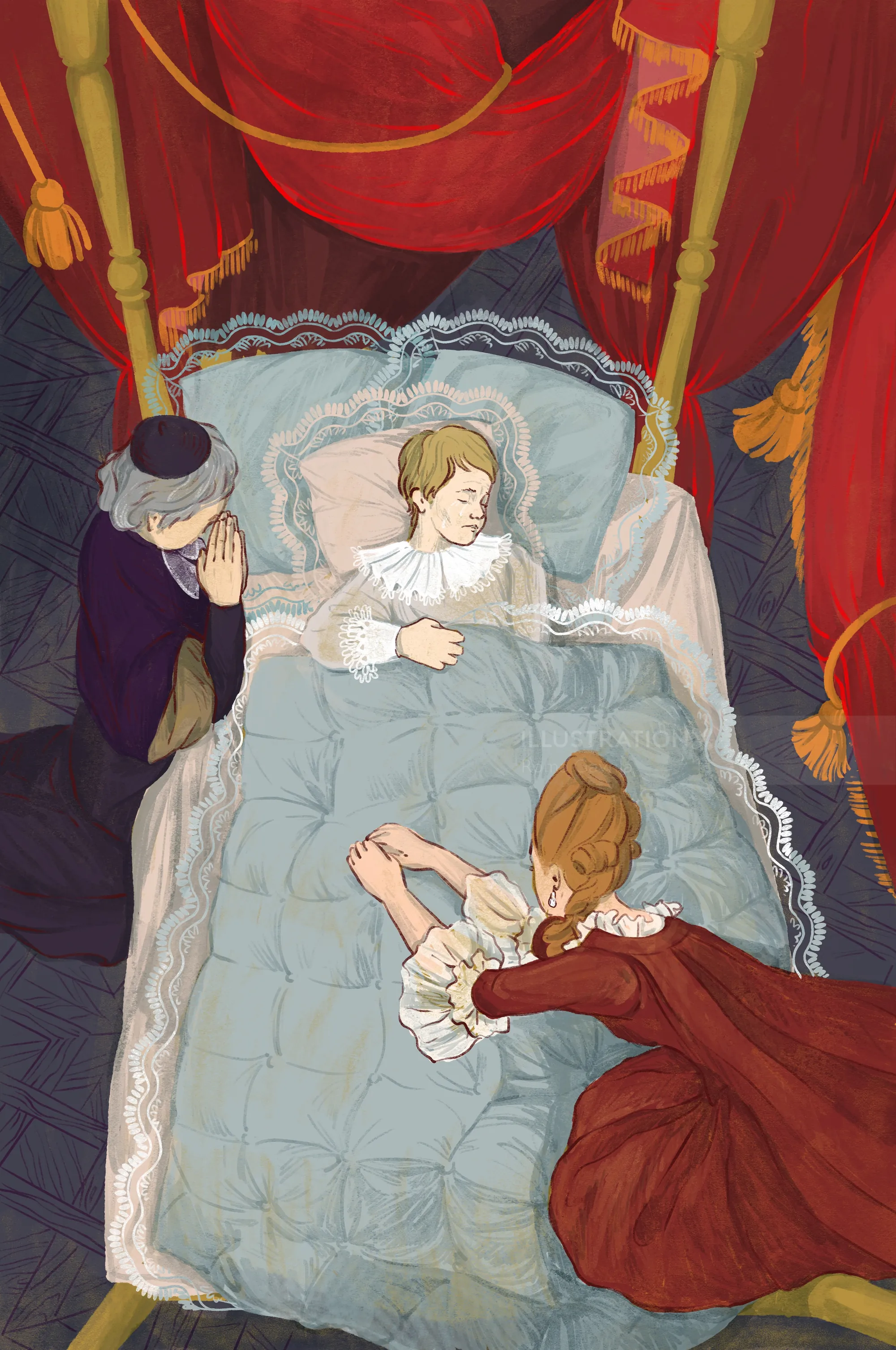 Young girl lying in bed with two women mourning nearby under red curtains