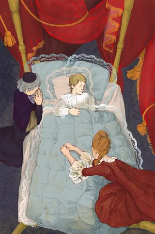 Young girl lying in bed with two women mourning nearby under red curtains