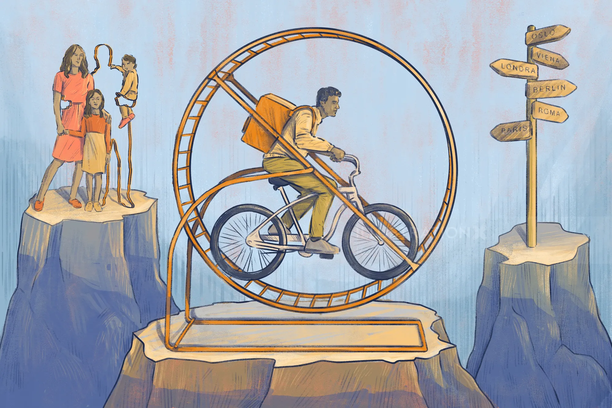 Man cycling inside hamster wheel between cliffs with family and signposts