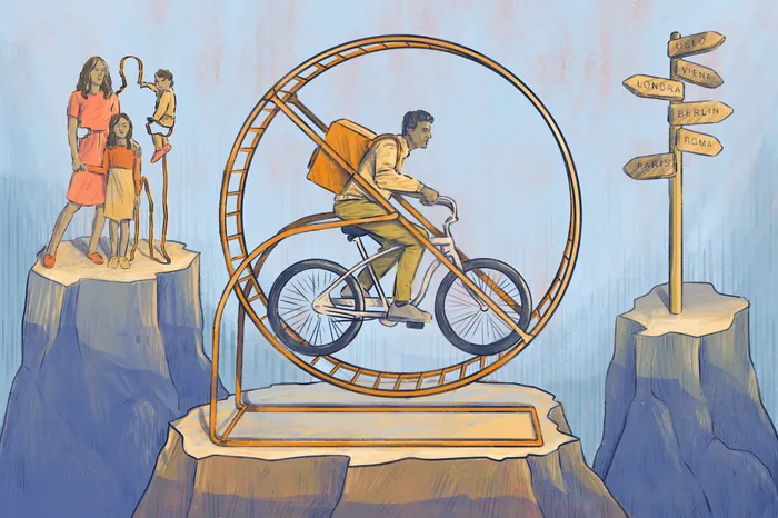 Man cycling inside hamster wheel between cliffs with family and signposts