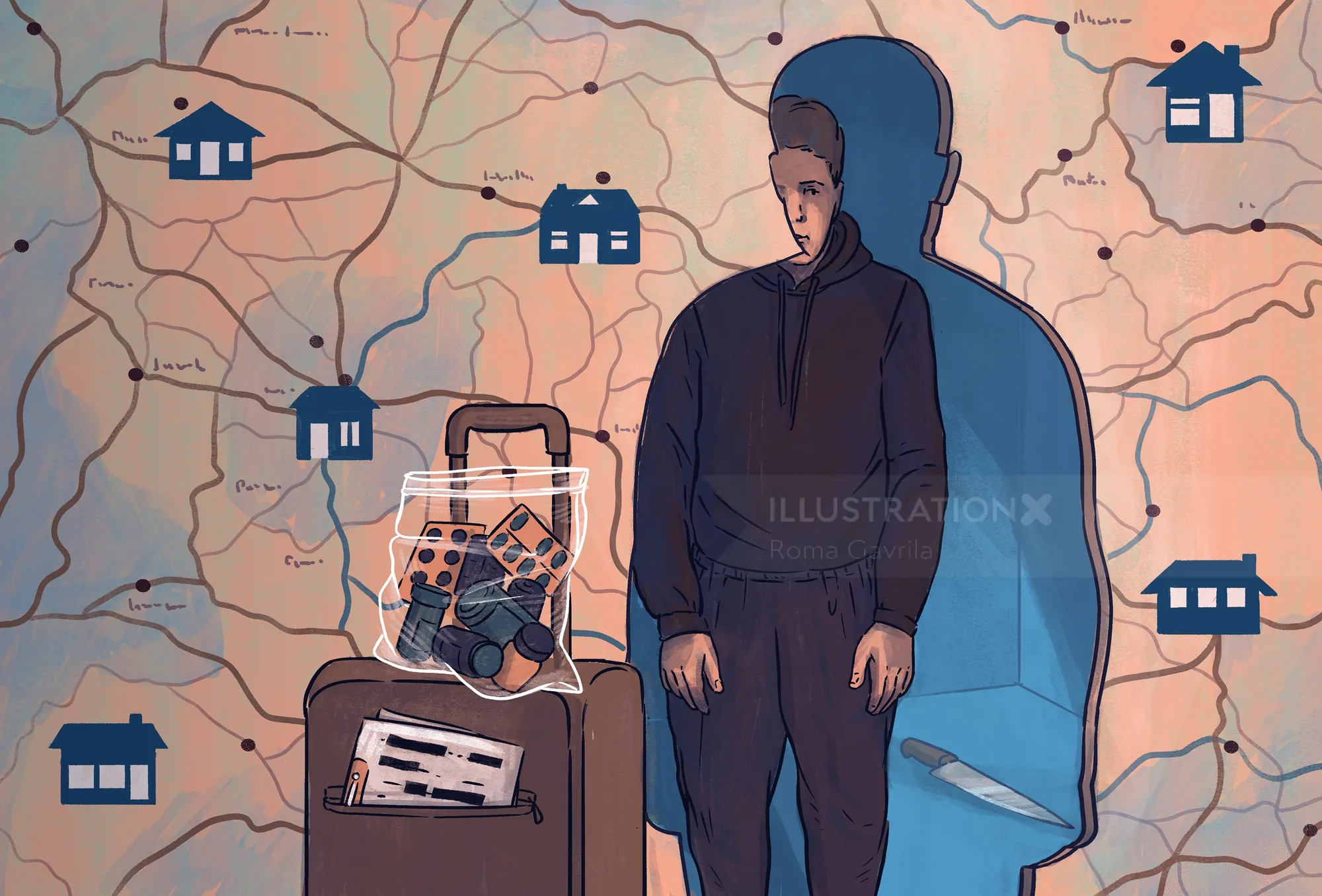 Person in hoodie with luggage containing hidden items and house icons on map