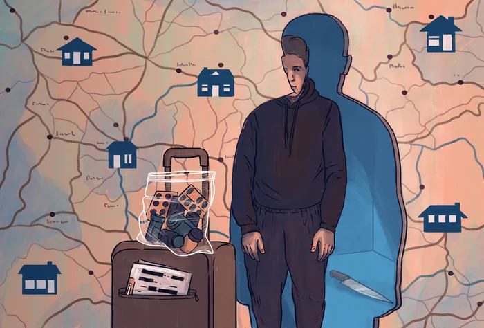Person in hoodie with luggage containing hidden items and house icons on map
