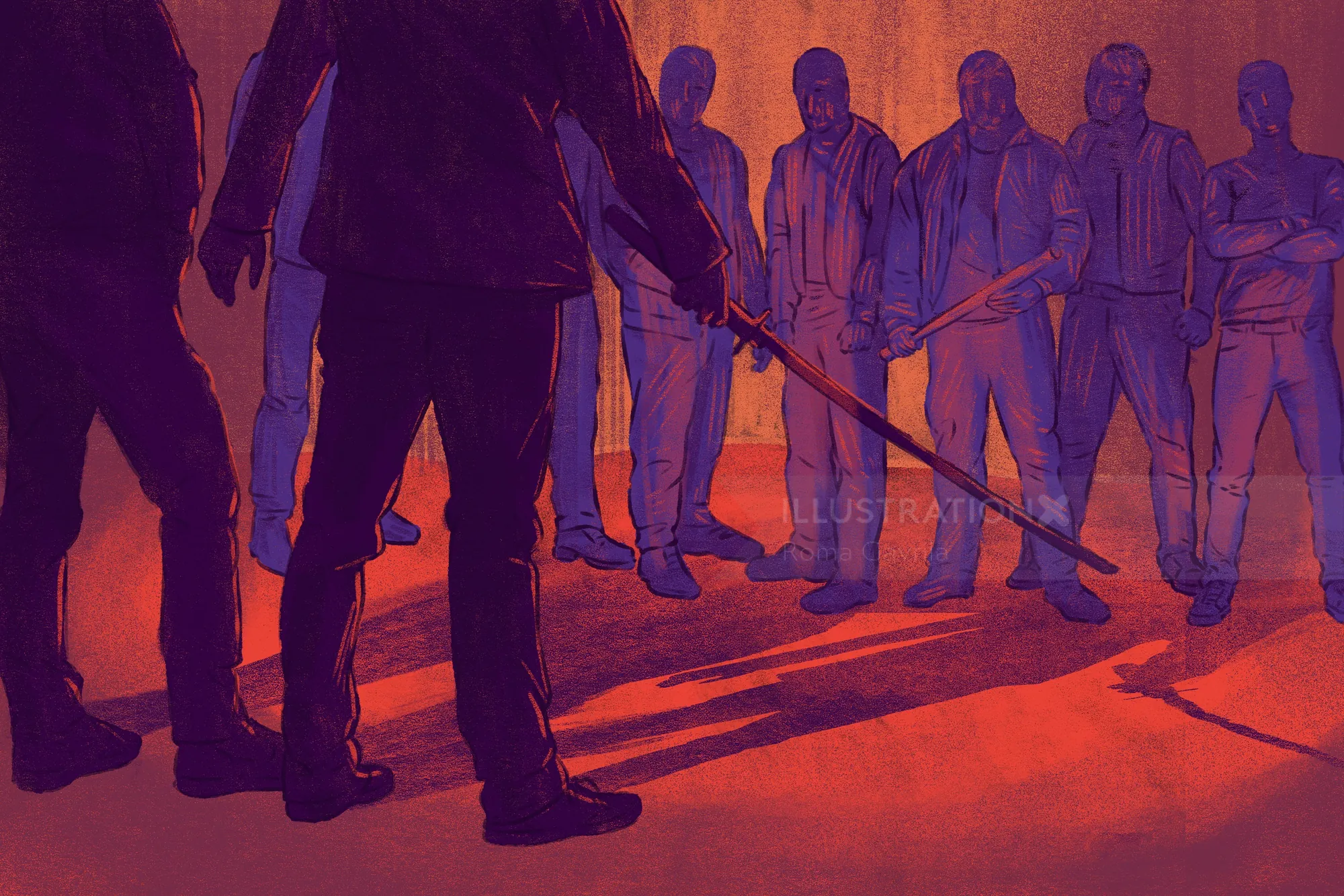 Men facing off with sticks in tense, shadowy confrontation