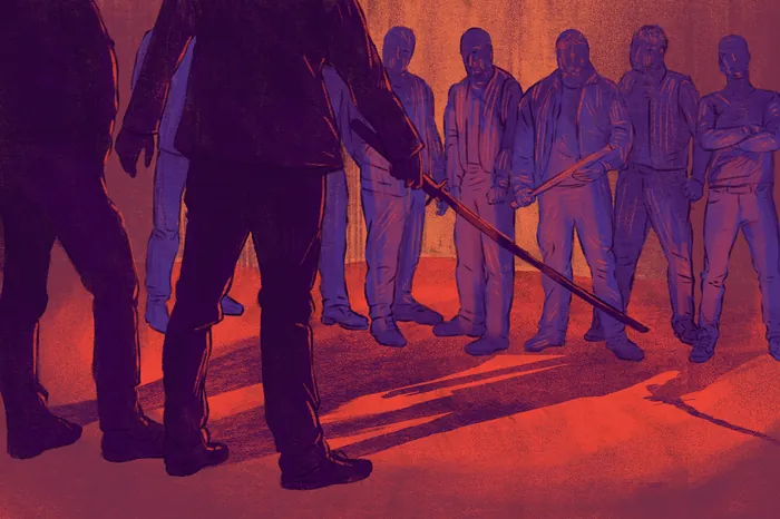 Men facing off with sticks in tense, shadowy confrontation