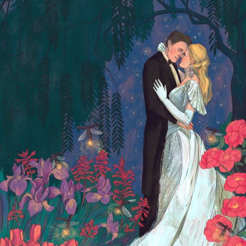 Couple in elegant attire embracing among colorful flowers at night