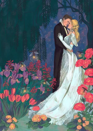 Couple in elegant attire embracing among colorful flowers at night