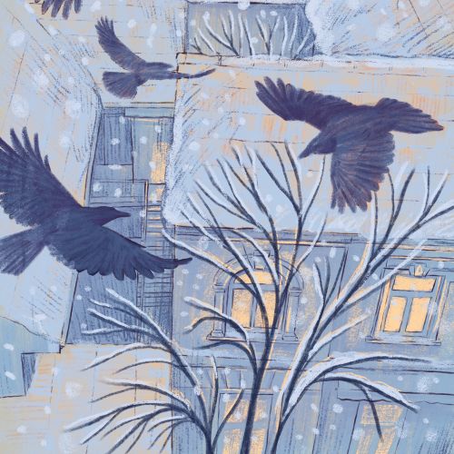 Black birds flying by snowy city buildings and leafless trees
