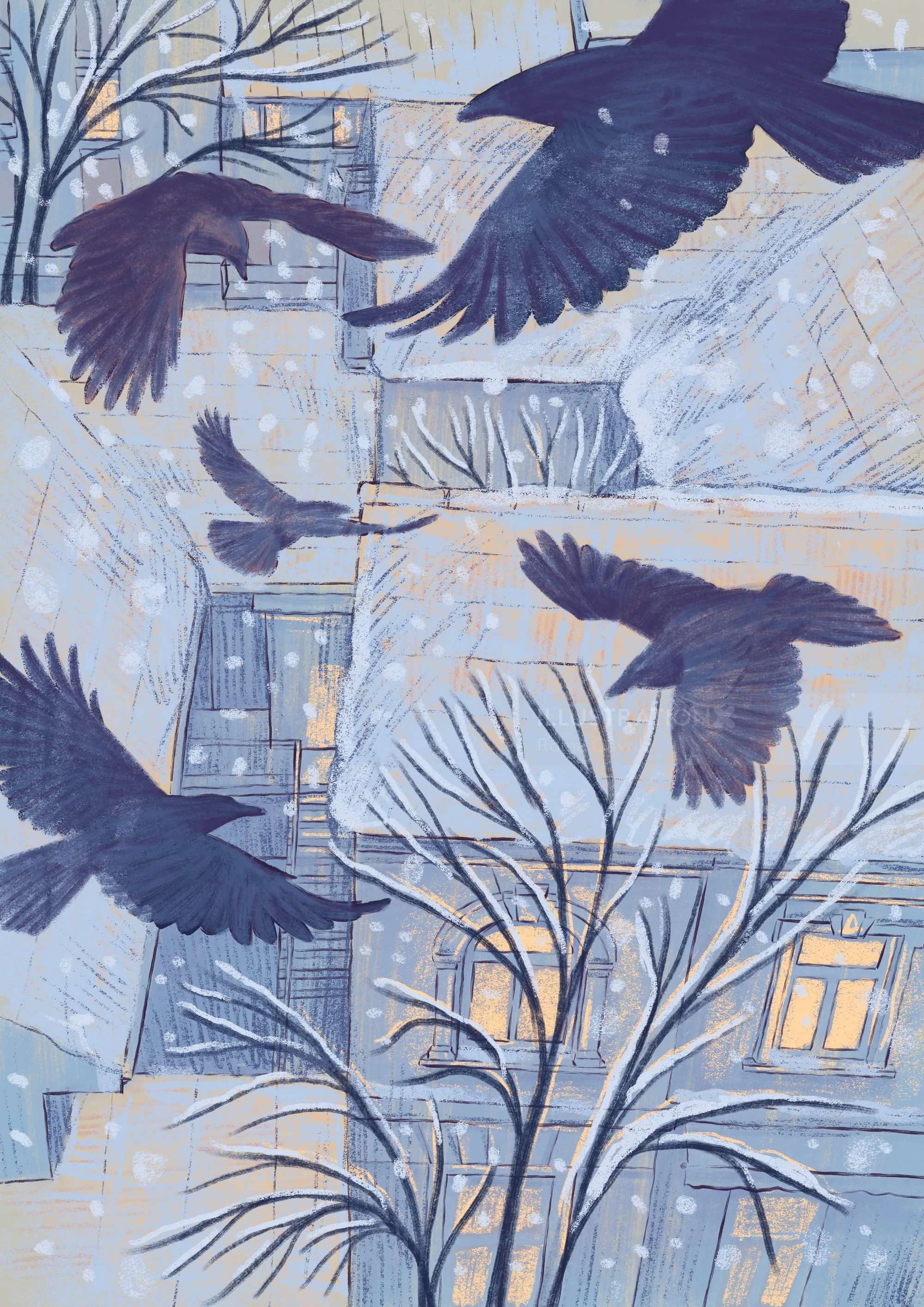 Black birds flying by snowy city buildings and leafless trees