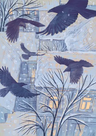 Black birds flying by snowy city buildings and leafless trees