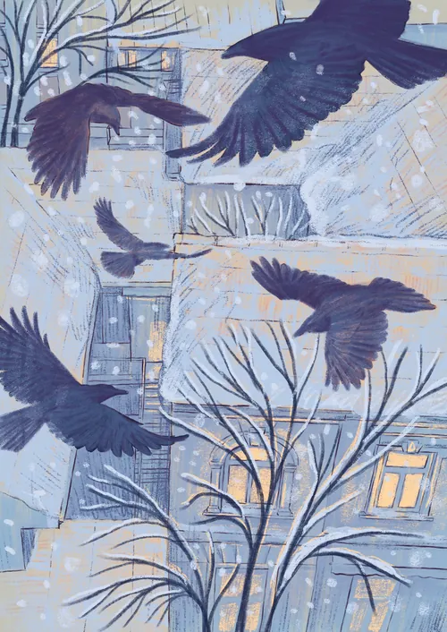 Black birds flying by snowy city buildings and leafless trees
