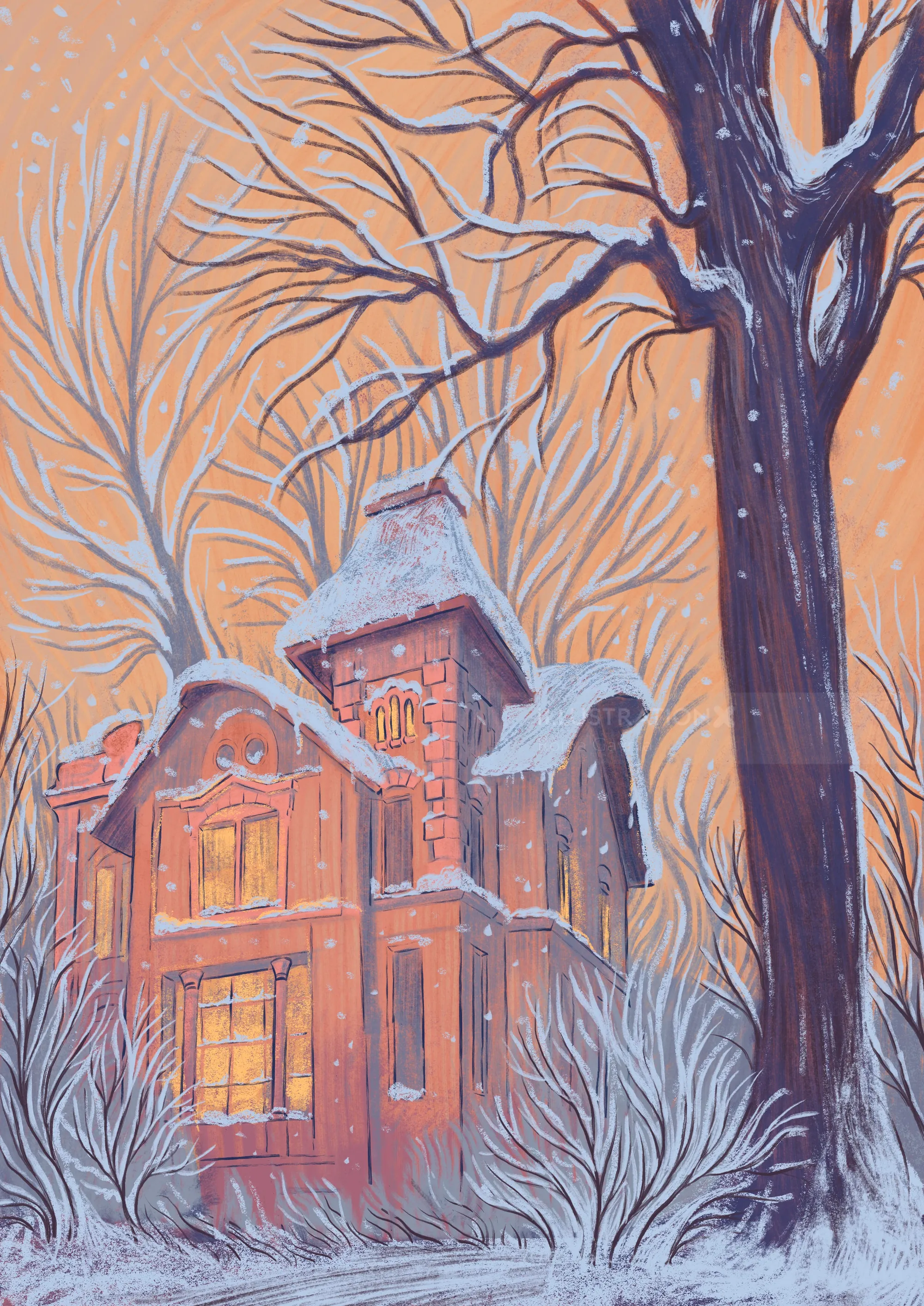 Old brick house with snow-covered trees in winter