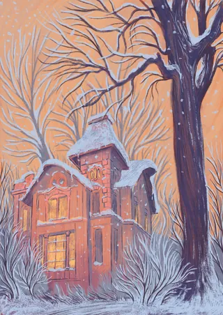 Old brick house with snow-covered trees in winter