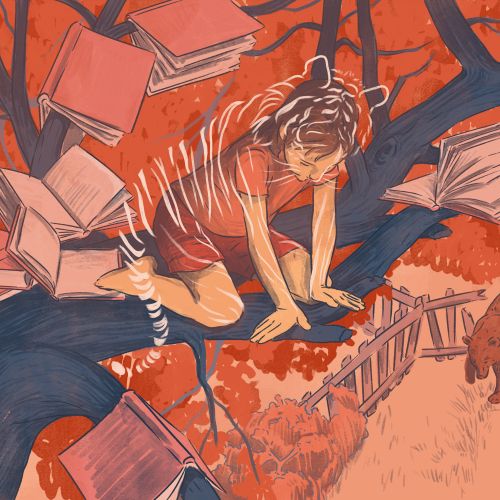 Child reading books on a tree branch with a dog in the yard below