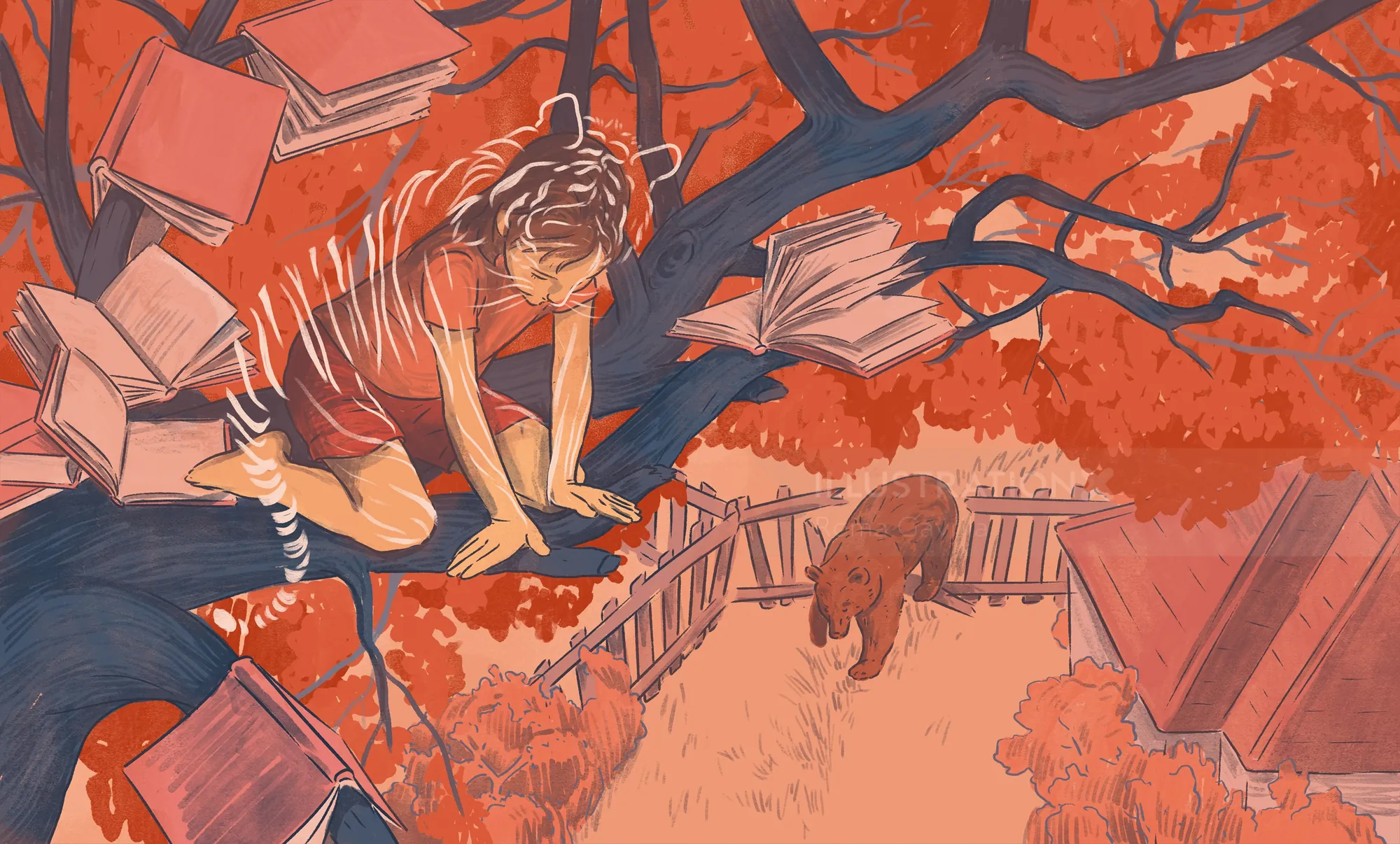 Child reading books on a tree branch with a dog in the yard below