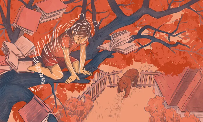 Child reading books on a tree branch with a dog in the yard below