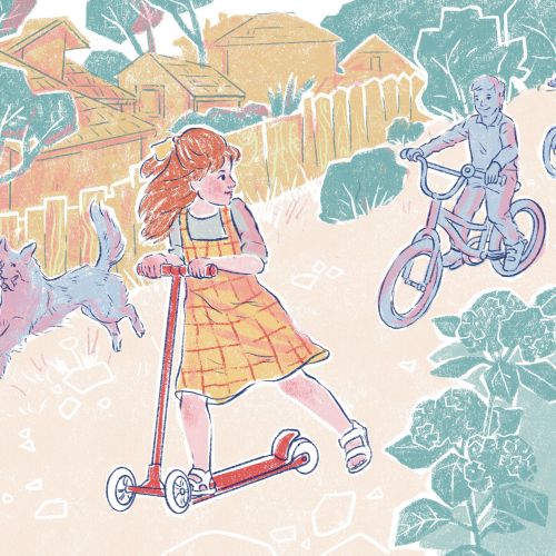 Girl on scooter and children on bicycles riding through neighborhood.