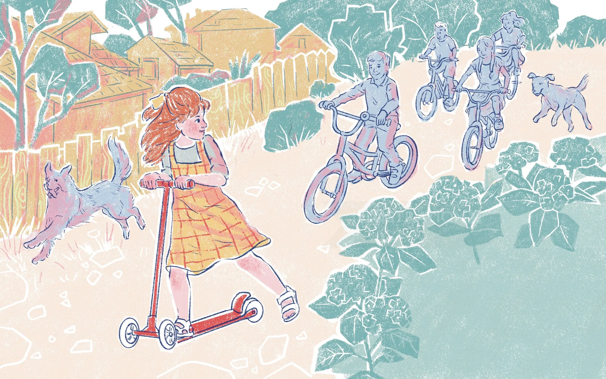 Girl on scooter and children on bicycles riding through neighborhood.
