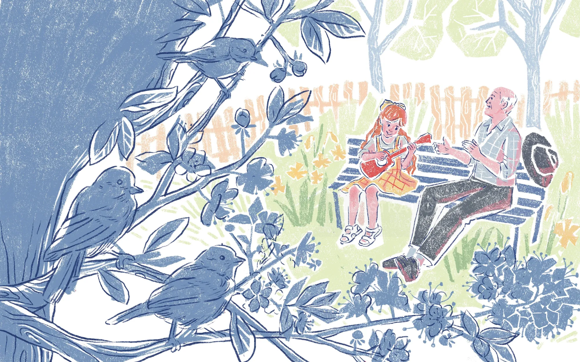 Elderly man and girl reading on bench with birds in a tree nearby