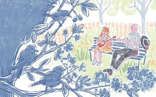 Elderly man and girl reading on bench with birds in a tree nearby