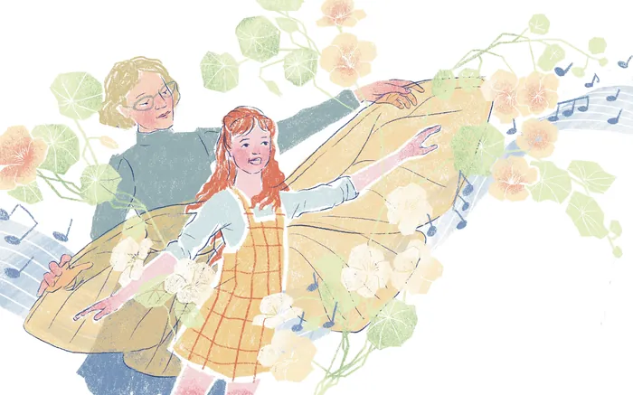 Older man and girl playing guitar with musical notes and flowers