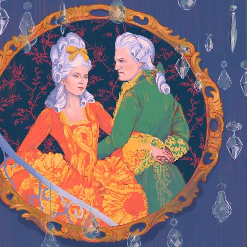 Aristocratic couple in 18th century costumes inside ornate golden frame