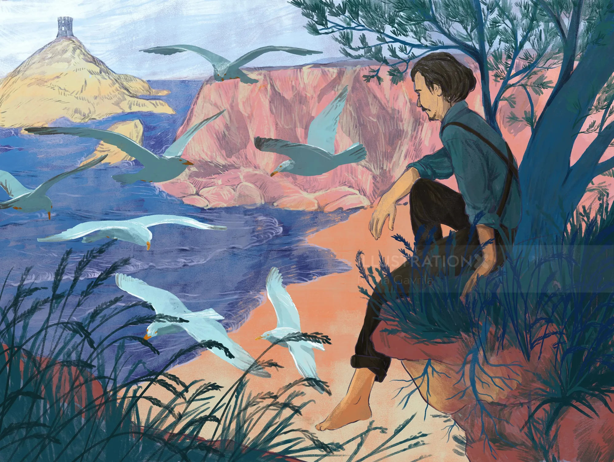 Person seated on cliff near sea with seagulls flying around at sunset