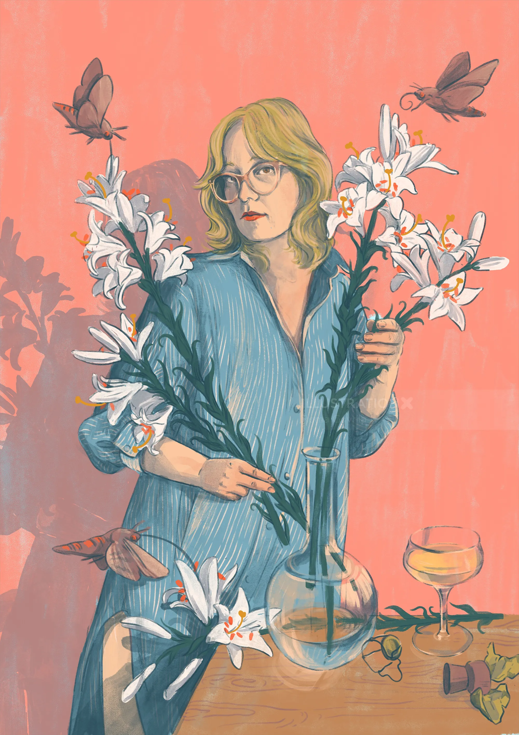Blonde woman in blue dress holding white lilies with butterflies nearby