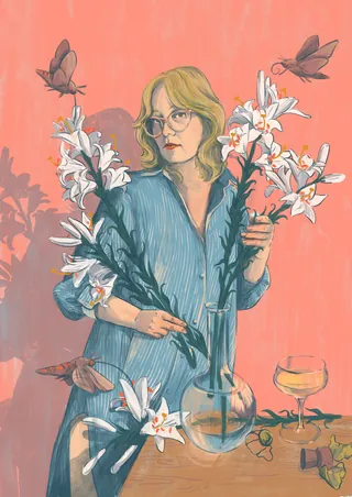 Blonde woman in blue dress holding white lilies with butterflies nearby