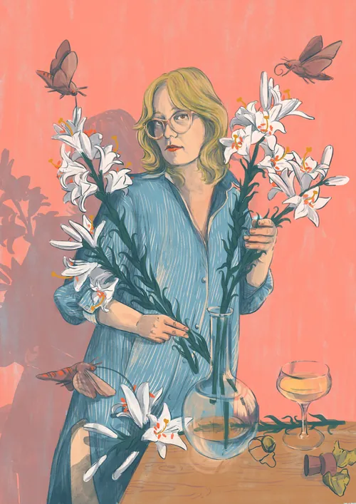 Blonde woman in blue dress holding white lilies with butterflies nearby