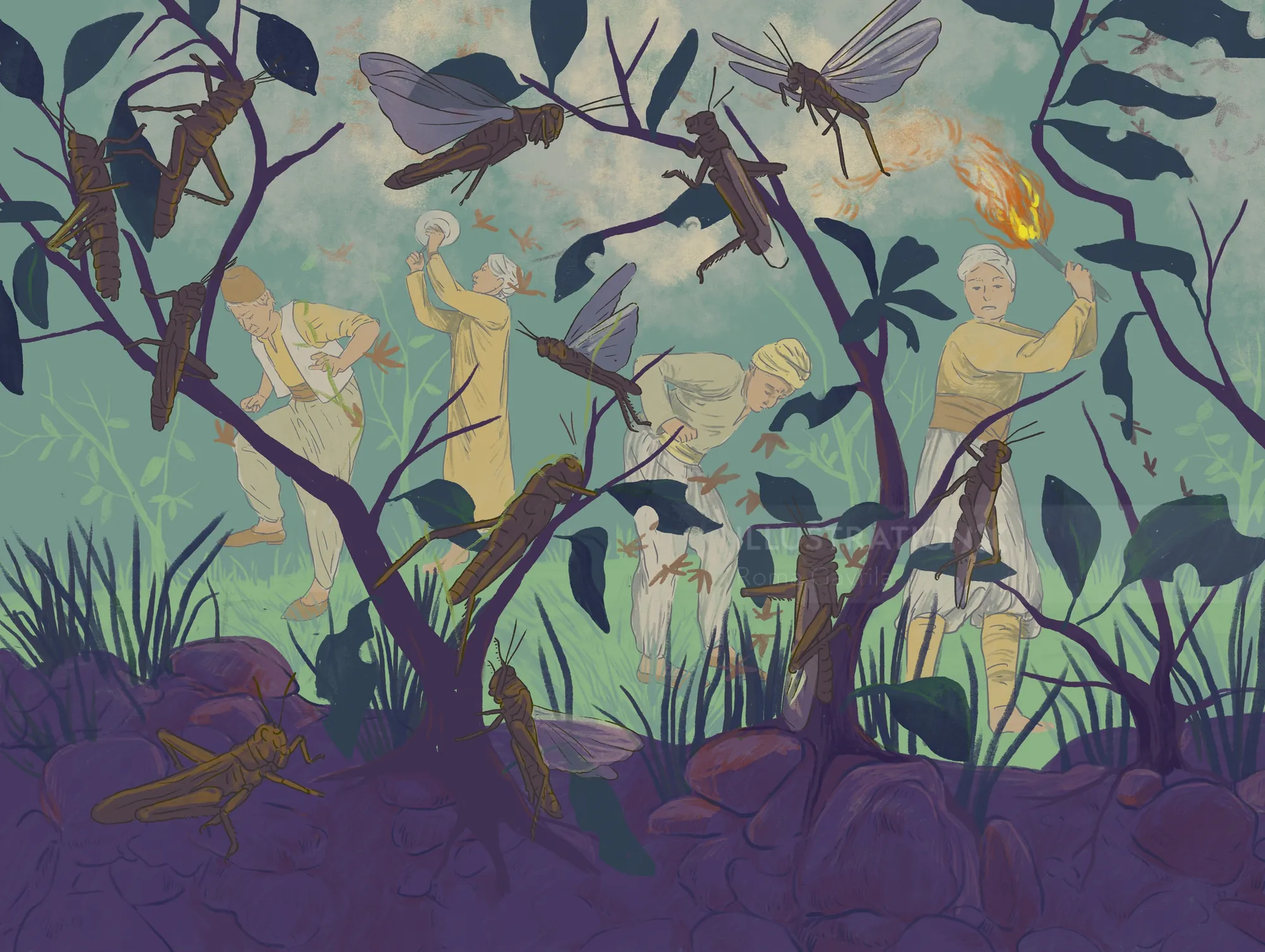 People fighting large insects with fire and sticks in a forest scene.