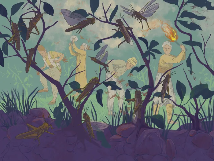People fighting large insects with fire and sticks in a forest scene.