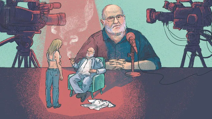 Illustration of a large man and a smaller woman in a media interview setting