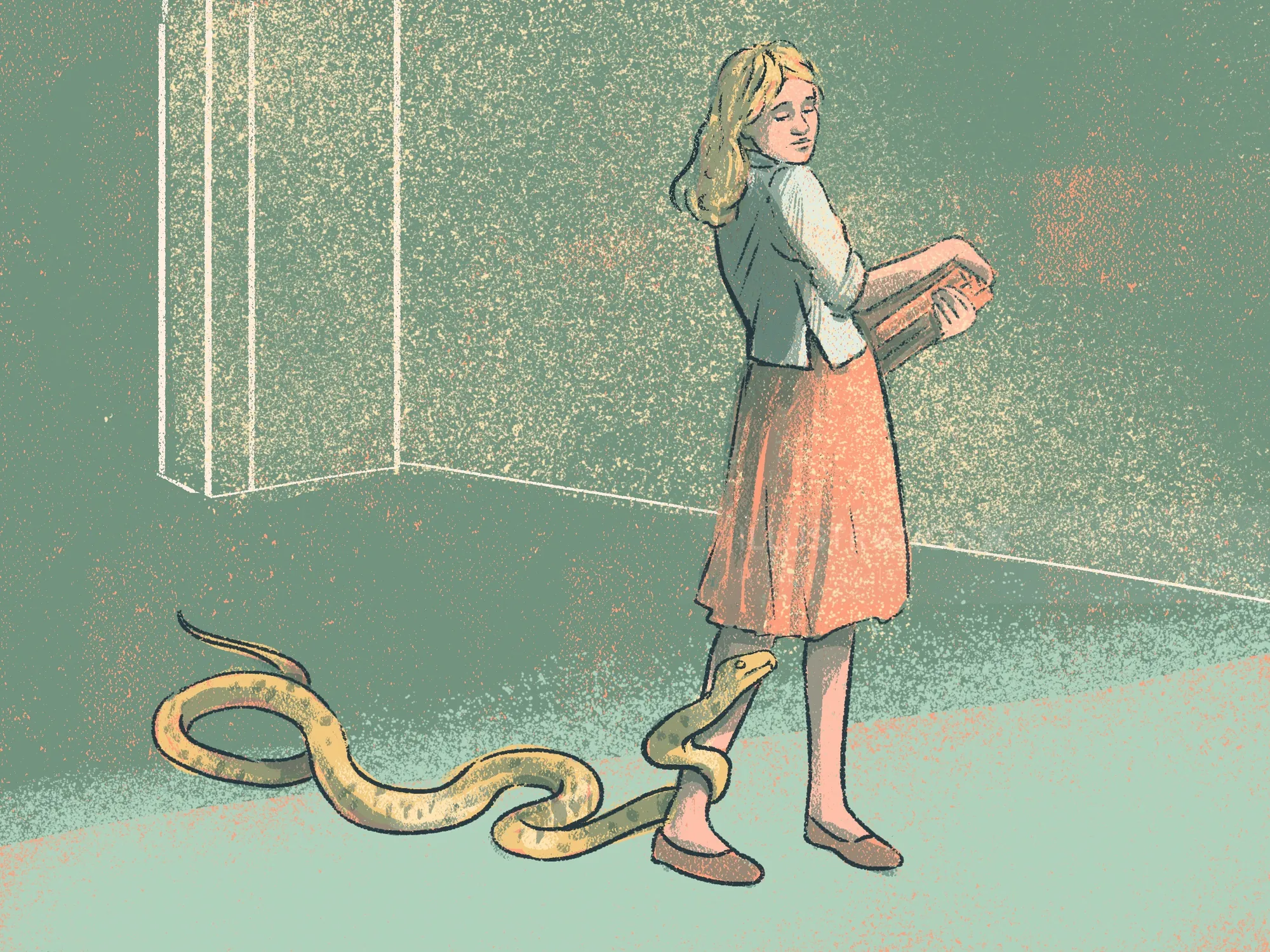 Woman standing near a snake in a room